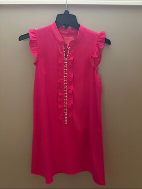 Lilly Pulitzer-SIZE 6 Adalee Sleeveless Pink Ruffle Shift Dress with Pearl Trim